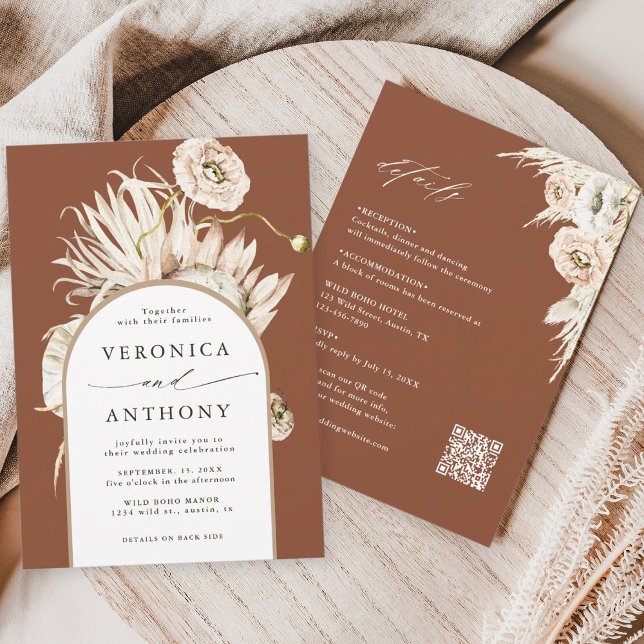 All In One Protea Pampas Grass Wedding Terracotta Invitation (Creator Uploaded)
