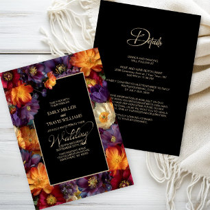 All in One Purple and Orange Floral Black Wedding Invitation
