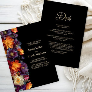 All in One Purple and Orange Floral Black Wedding Invitation