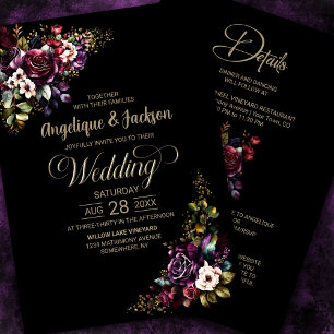 All In One Purple Burgundy Black Floral Wedding Invitation