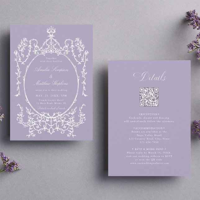 All in One Purple Frame Wedding               Invitation (Front & Back)