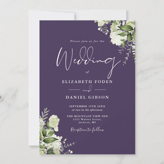 All In One Purple Greenery Floral Wedding Invitation (Front)