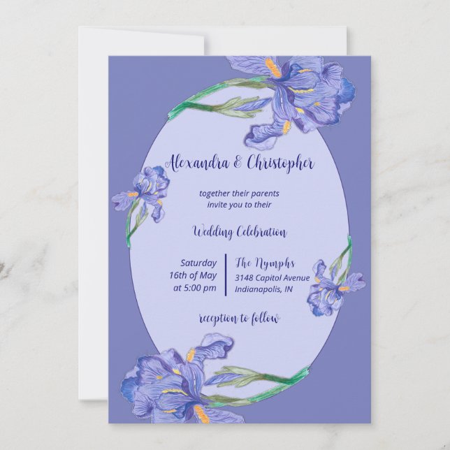 All in one, purple irises with oval frame Wedding Invitation (Front)