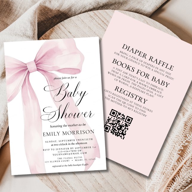 All in One QR Code Blush Pink Bow Girl Baby Shower Invitation (Creator Uploaded)