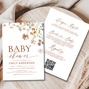 All in One QR Code Boho Wildflower Baby Shower Invitation