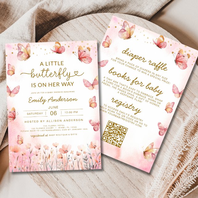 All in One QR Code Girl Pink Butterfly Baby Shower Invitation (Creator Uploaded)