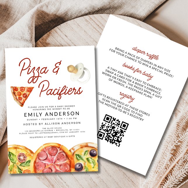 All in One QR Code Pizza & Pacifiers Baby Shower Invitation (Creator Uploaded)