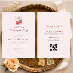 All in One Red Bow Cherry on Top Baby Shower Invitation