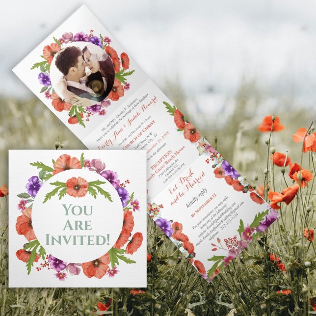 All In One Red Poppy Purple Pink Floral Wedding Tri-Fold Invitation (Creator Uploaded)