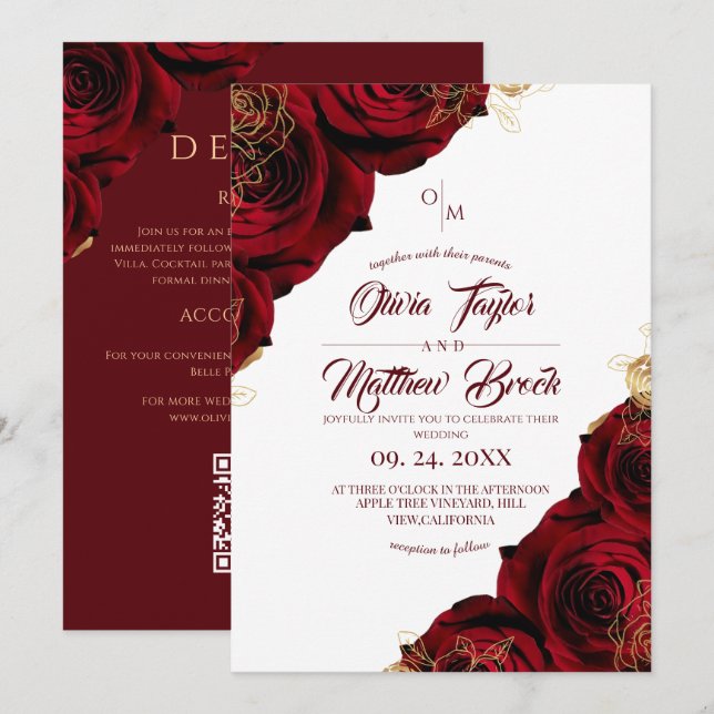 All in One Red Roses Classic Wedding Invitation (Front/Back)