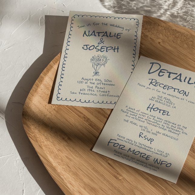 All In One Retro Navy blue Hand Drawn Wedding Invitation (Creator Uploaded)