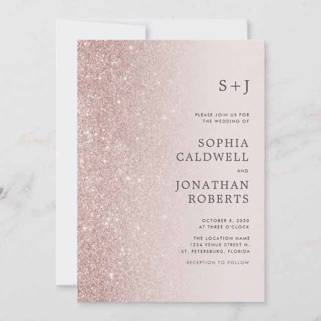 All in One Rose Gold Blush Glitter Ombre Wedding Invitation (Front)