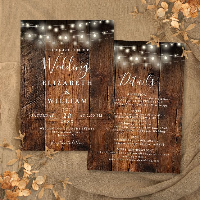 All In One Rustic Barn Wood String Lights Wedding Invitation (All In One Rustic Barn Wood String Lights Wedding Invitation)