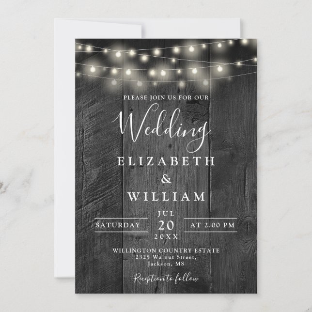All In One Rustic Black Wood String Lights Wedding Invitation (Front)