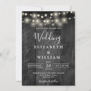 All In One Rustic Black Wood String Lights Wedding Invitation