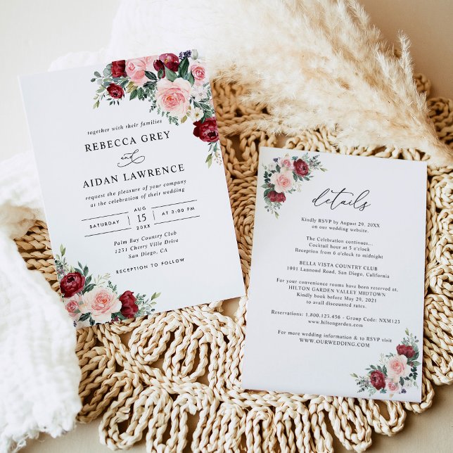 All In One Rustic Burgundy Blush Floral Wedding Invitation (Creator Uploaded)