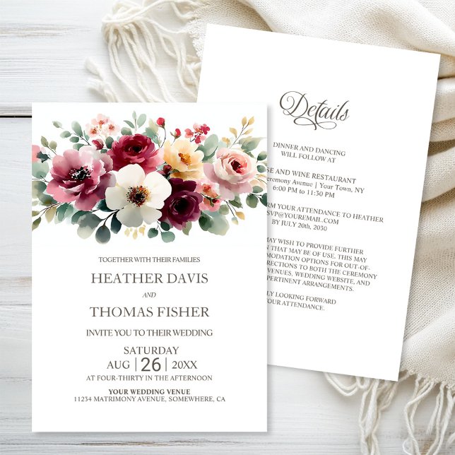 All in One Rustic Burgundy Floral Wedding Invitation (Creator Uploaded)