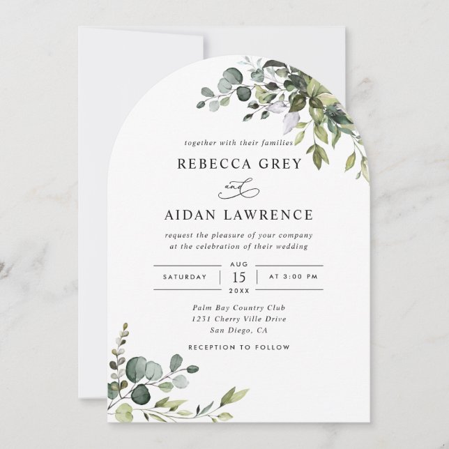 All In One Rustic Eucalyptus Greenery Arch Wedding Invitation (Front)