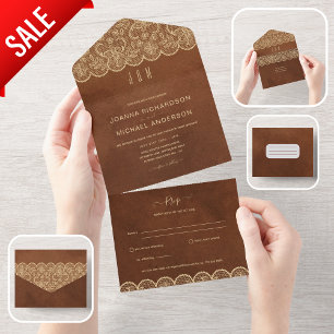 All In One Rustic Gold Lace Wedding with RSVP Invitation