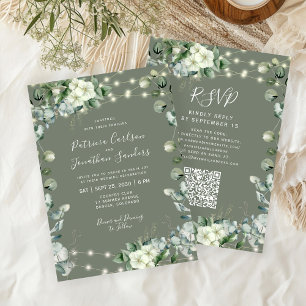 All in one rustic lights RSVP sage green wedding Invitation