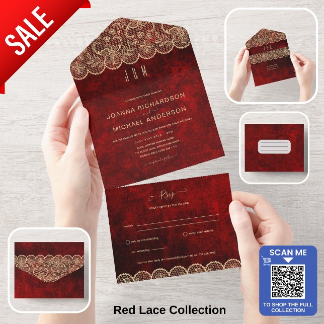 All In One Rustic Red Gold Lace Wedding with RSVP All In One Invitation (Creator Uploaded)