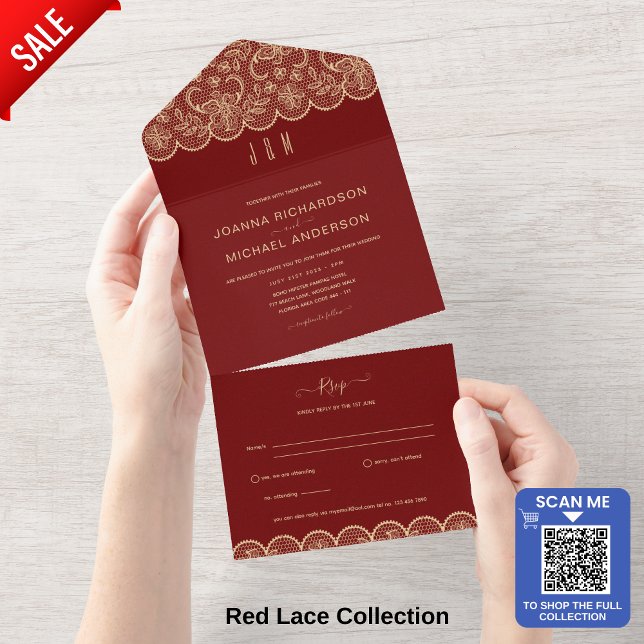 All In One Rustic Red Gold Lace Wedding with RSVP All In One Invitation (Creator Uploaded)