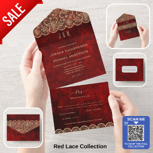 All In One Rustic Red Gold Lace Wedding with RSVP Invitation