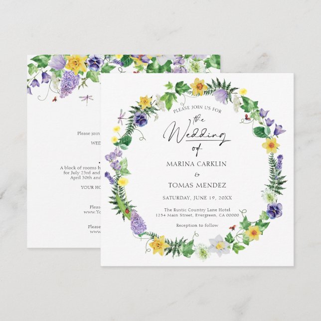 All in One | Rustic Watercolor Wildflower Wedding Invitation (Front/Back)