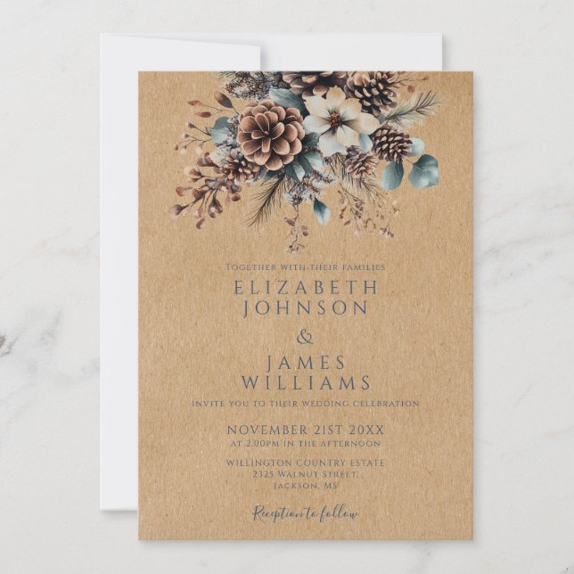 All In One Rustic Winter Floral Pinecone Wedding Invitation (Front)