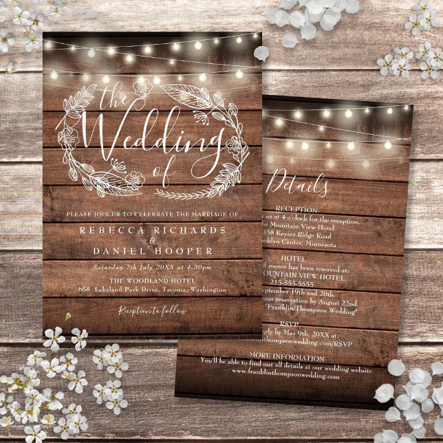 All In One Rustic Wood String Lights Wedding Invitation | Zazzle