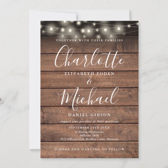 All In One Rustic Wood String Lights Wedding Invitation (Front)