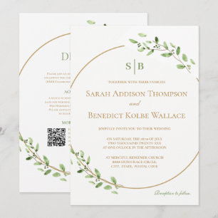 All in One Sage Green Elegant Greenery Monogram  Invitation