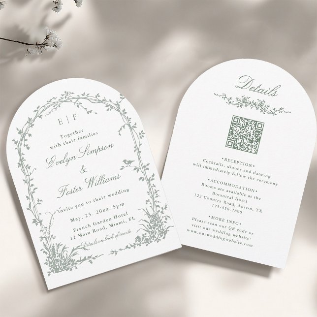 All in One Sage Green Floral Garden Wedding Arch Invitation (Front & Back)