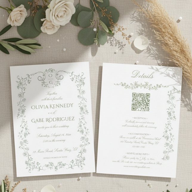 All in One Sage Green French Floral w QR Wedding (Creator Uploaded)