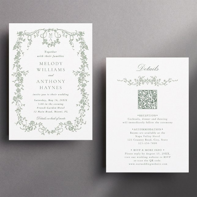 All in One Sage Green French Floral Wedding  Invitation (Front & Back)