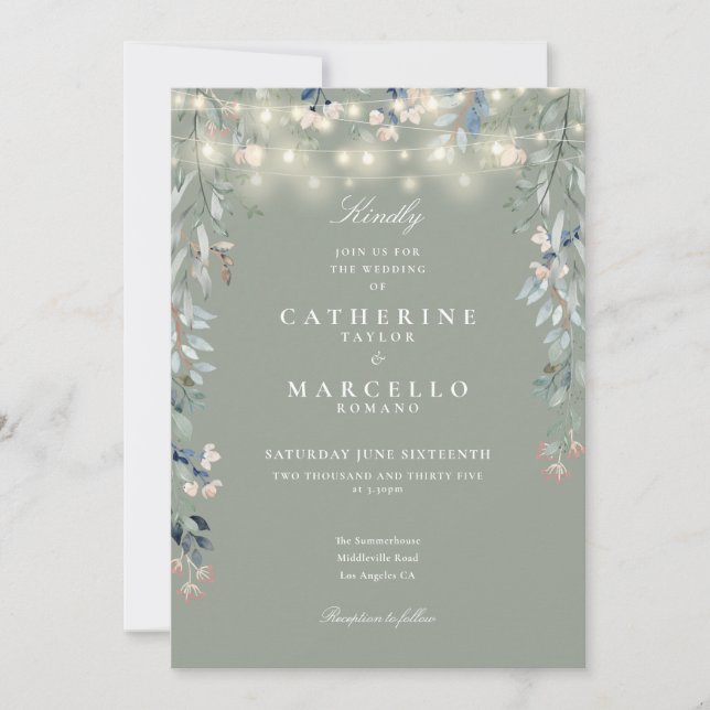 All In One Sage Green String Lights Floral Wedding Invitation (Front)