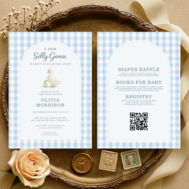 All in One Silly Goose Blue Gingham Baby Shower Invitation (Creator Uploaded)