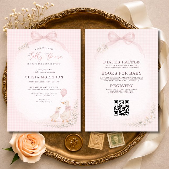 All in One Silly Goose Pink Gingham Baby Shower Invitation (Creator Uploaded)