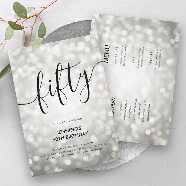 All In One Silver Glitter Lights 50th Birthday  Invitation (All In One Silver Glitter Lights 50th Birthday Invitation)