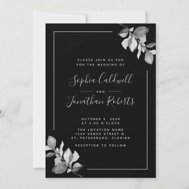 All in One Silver-Grey Eucalyptus Black Wedding Invitation (Front)