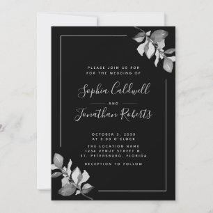 All in One Silver-Grey Eucalyptus Black Wedding Invitation