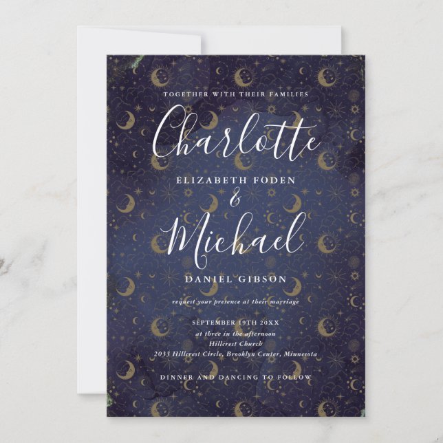 All In One Simple Celestial Moon And Stars Wedding Invitation (Front)