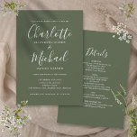All In One Simple Elegant Script Olive Wedding Invitation<br><div class="desc">Featuring signature style names,  this elegant olive green wedding invitation can be personalised with all your special wedding day details on the reverse,  including your RSVP,  accommodation,  and additional details. Designed by Thisisnotme©</div>