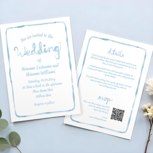 All In One Simple Hand Drawn Blue QR RSVP Wedding Invitation (Creator Uploaded)