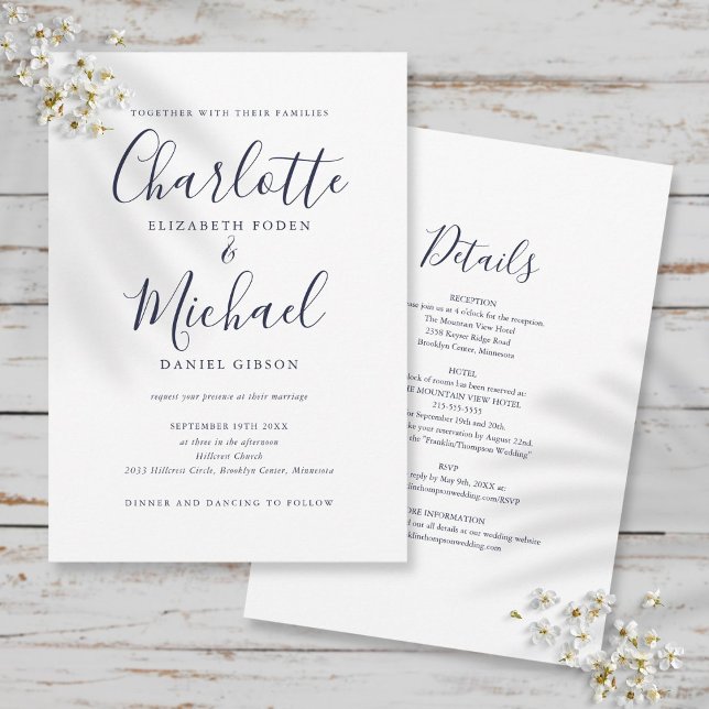 All In One Simple Navy Blue Script Wedding Invitation (Creator Uploaded)
