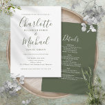 All In One Simple Olive Green Script Wedding Invitation<br><div class="desc">Featuring signature style names,  this elegant olive green wedding invitation can be personalised with all your special wedding day information on the reverse,  including your RSVP,  accommodation,  and additional details. Designed by Thisisnotme©</div>