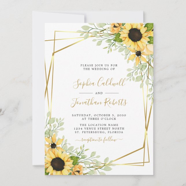 All in One Sunflowers Greenery Gold Wedding Invitation (Front)
