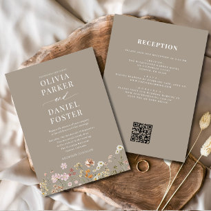 All in One Taupe Wildflower QR Code Wedding Invitation