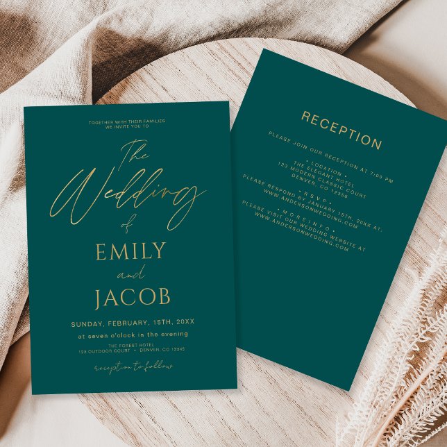 All in One Teal Green Gold Wedding Script Invitation (Creator Uploaded)