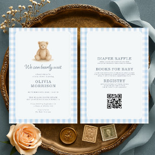 All in One Teddy Bear Blue Gingham Baby Shower Invitation